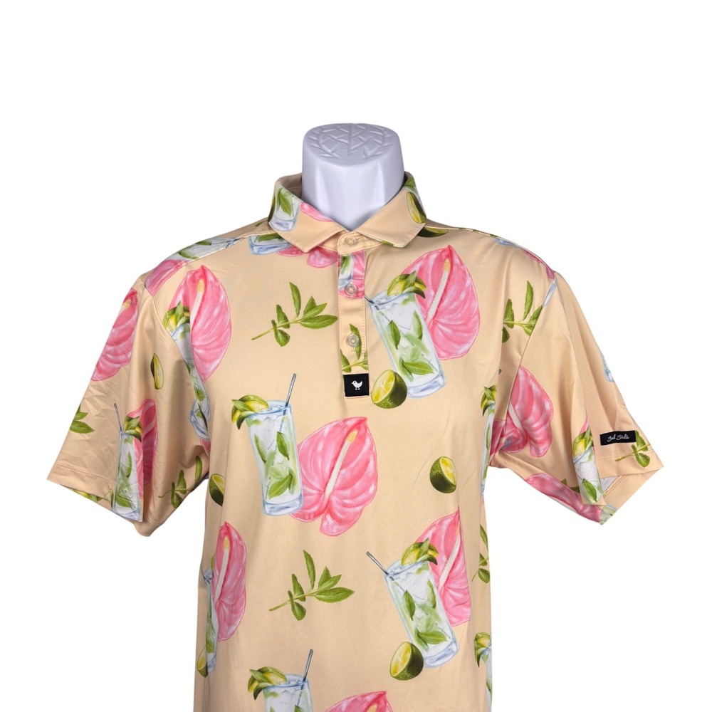 Bad Birdie Mens Mojito Floral Golf‎ Polo Shirt Peach Large